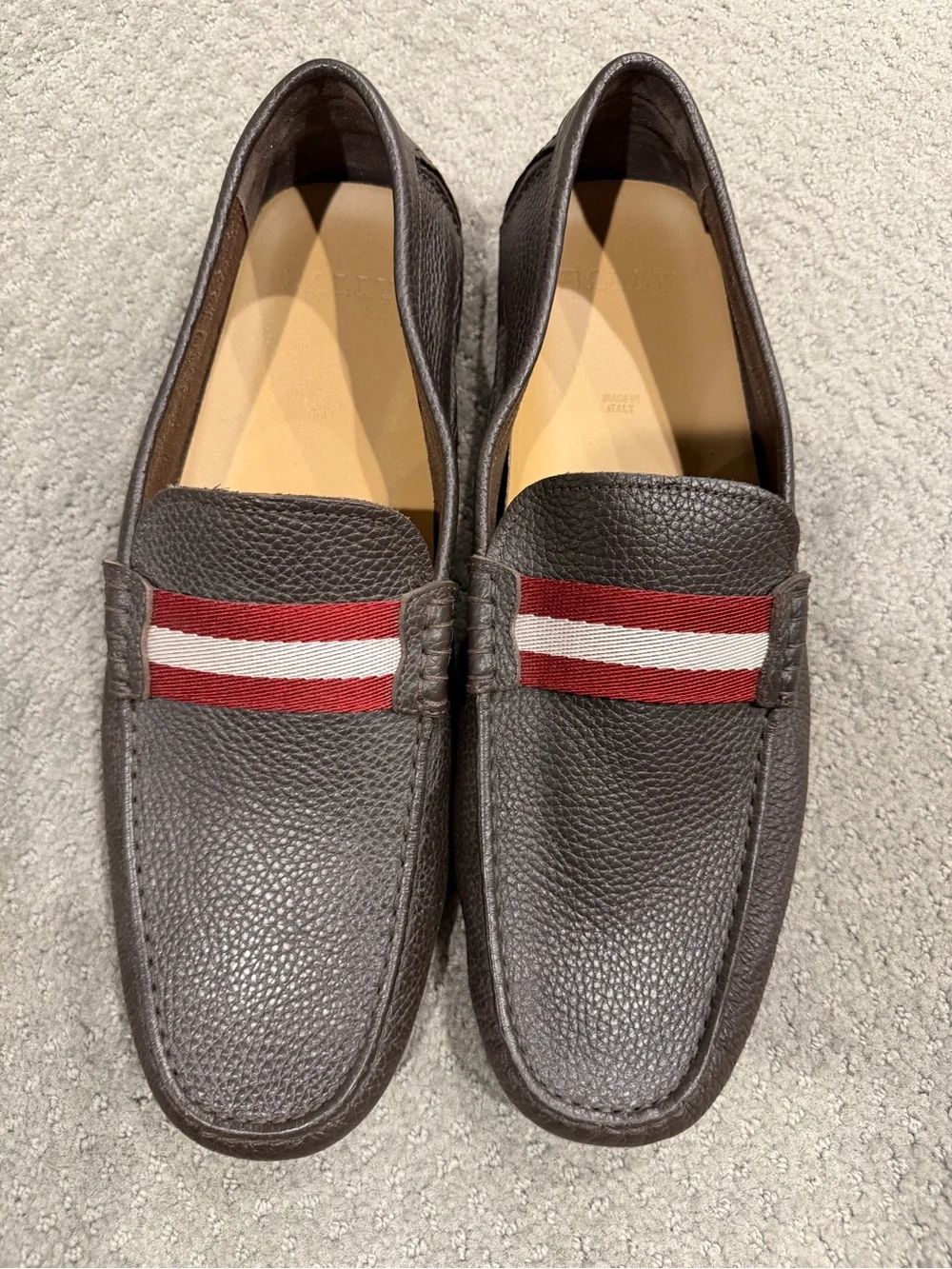 Bally Brown Pebbled Leather Loafers with Red & White Webbing